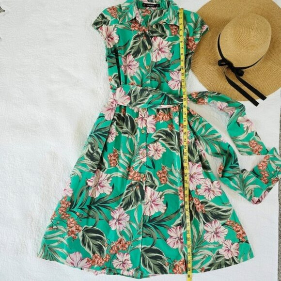 Zara Women's Midi Tropical Dress Size XS Green Button Down Belt Pockets Vacation - Picture 8 of 14